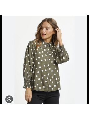 Kaffe Chic Olive Green Polka Dot Button Down Shirt size 36 Small-Medium